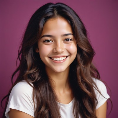 A young woman smiles in front of a purple background