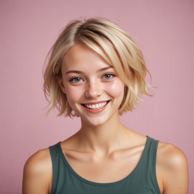 Blonde woman smiles against a pink background