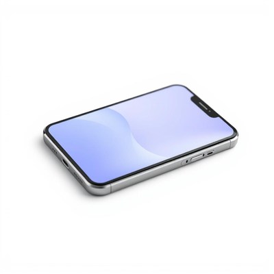 A smartphone lays flat on a white surface