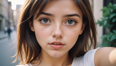 A young woman poses for a selfie in the city