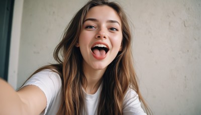 A woman smiles and sticks out her tongue for a selfie