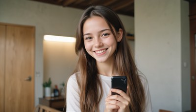 A young woman smiles while holding a phone