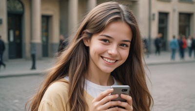 A young woman smiles while using her phone in the city