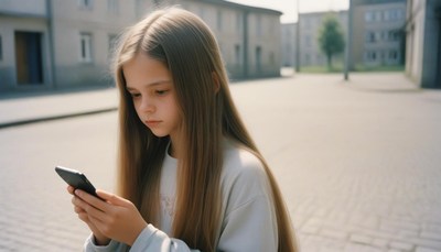 A young girl uses her phone in the middle of a city street