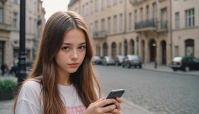 A woman uses her phone while walking down the street