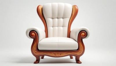 White armchair with wood accents on white backdrop