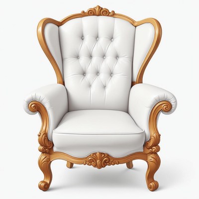 A white armchair with ornate gold detailing