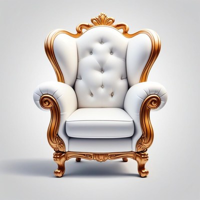 White armchair with gold accents on white background