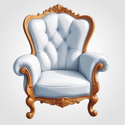 A white, tufted armchair with ornate wooden legs