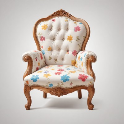 A floral armchair sits against a white background