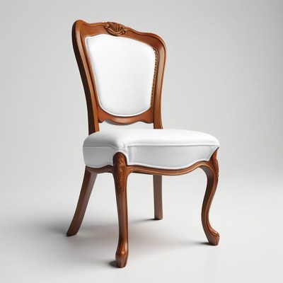 A wooden chair with white upholstery sits alone