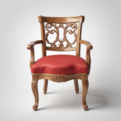 A wooden chair with a red cushion sits on a white background