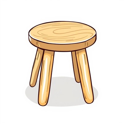 A wooden stool with four legs sits on a white background