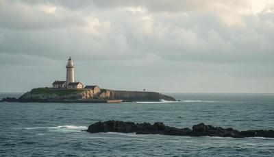 A lighthouse stands on a small island in the sea