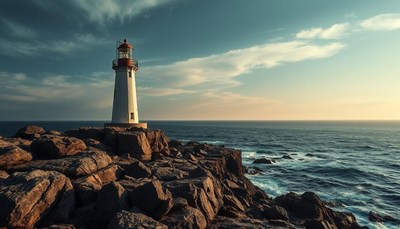 A lighthouse towers over rocky cliffs by the sea