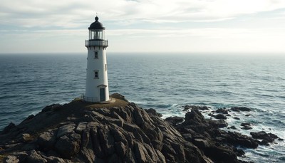 A lighthouse towers over a rocky ocean coast