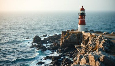 A lighthouse towers over the rocky cliff by the sea
