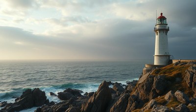 A lighthouse rises on a cliff by the ocean