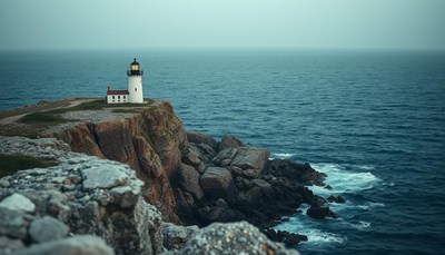 Lighthouse atop a cliff overlooks the ocean