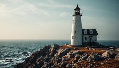 Lighthouse towers on a rocky cliff by the ocean