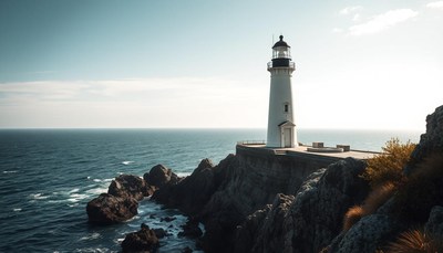 Lighthouse towers over ocean on rocky cliff