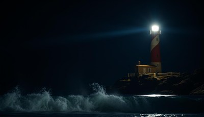 A lighthouse shines bright on a rocky coast
