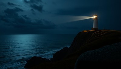 A lighthouse shines its light on the dark ocean at night