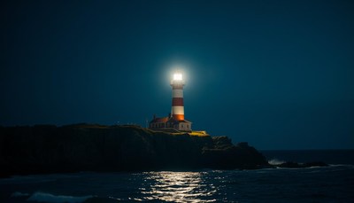 A lighthouse shines its light on a dark night