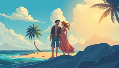 A couple enjoys the sunset on a tropical island