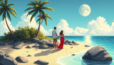 A couple walks hand-in-hand along a tropical beach