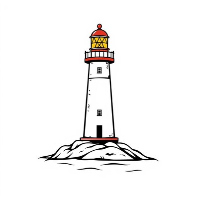 A lighthouse stands on a rocky outcropping