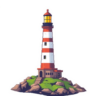 A red and white lighthouse stands tall on a rocky island