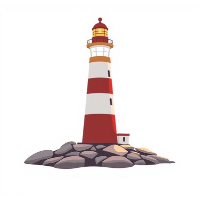 A red and white lighthouse sits on rocky shores