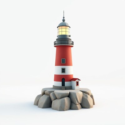A red and white lighthouse stands tall on a rocky outcrop