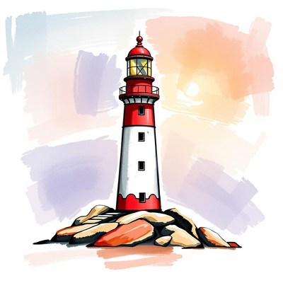 A red and white lighthouse stands tall on rocky shores