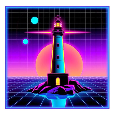 A lighthouse stands tall in a vibrant, retro sunset