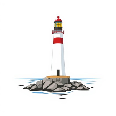 A lighthouse stands tall on rocks in the ocean