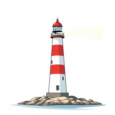 A red and white lighthouse shines its light