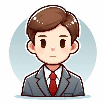 A cartoon businessman with brown hair smiles at the camera