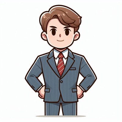 A cartoon man in a suit stands confidently