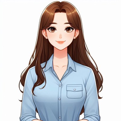 A woman with brown hair smiles in a blue shirt
