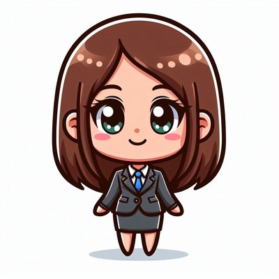 A cute cartoon woman in a suit stands with a smile
