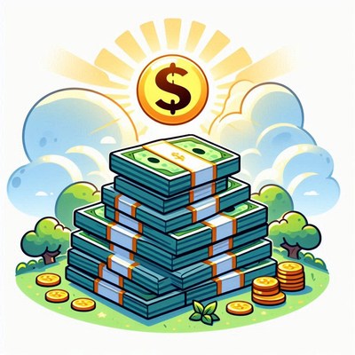 A stack of money shines brightly in the sun