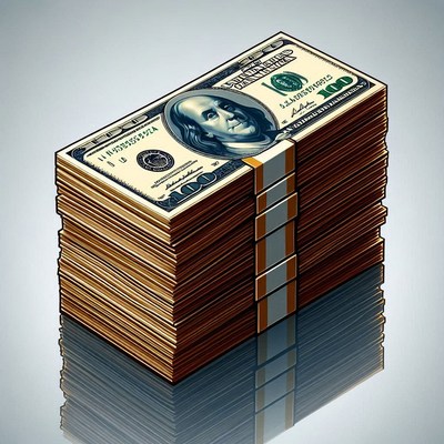 A stack of hundred-dollar bills sits on a reflective surface