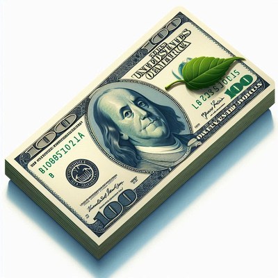 A stack of hundred-dollar bills with a green leaf on top