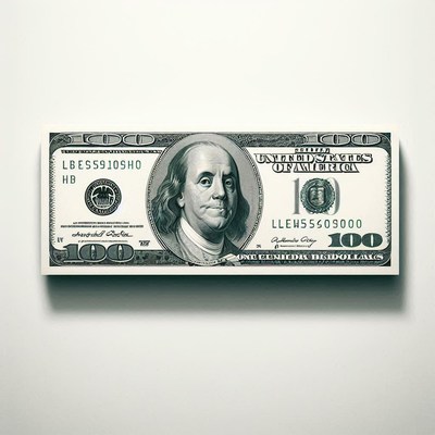 A single hundred dollar bill lays flat on a white surface