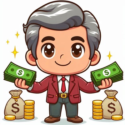 A cartoon businessman holds cash and money bags