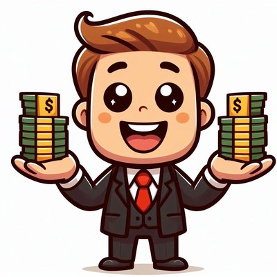 A cartoon businessman holds stacks of money