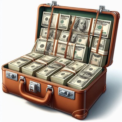 A brown suitcase full of cash