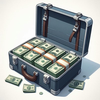 A suitcase full of cash sits open on a white surface